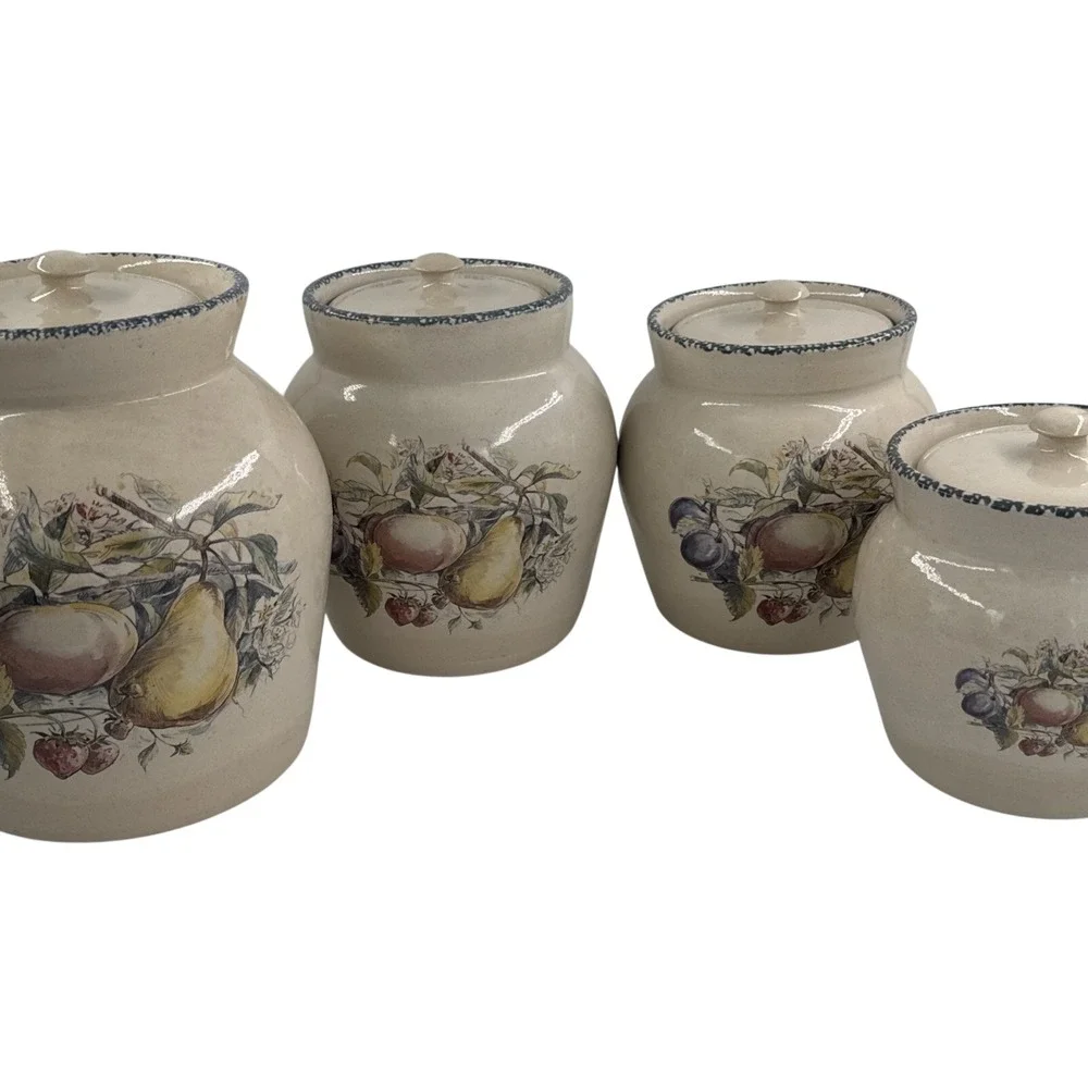 VTG Hand Painted‎ Fruit Canister Set 4 Pc Ceramic Kitchen Jars w/Lids Farmhouse